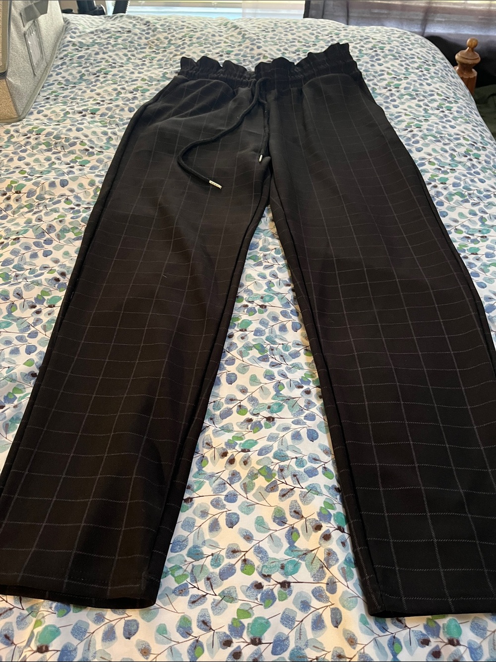 Black Windowpane Drawstring Waist Women’s Pants